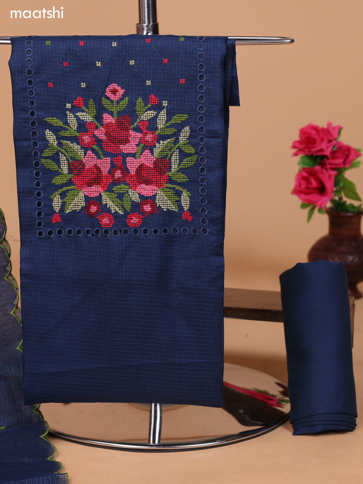 Peacock Blue Kota Dress Material With Embroidery Work Neck Pattern and Bottom & Dupatta