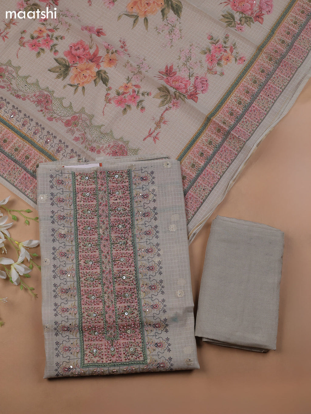 Beige Kota Dress Material With Floral Prints & Embroidery Work Neck Pattern