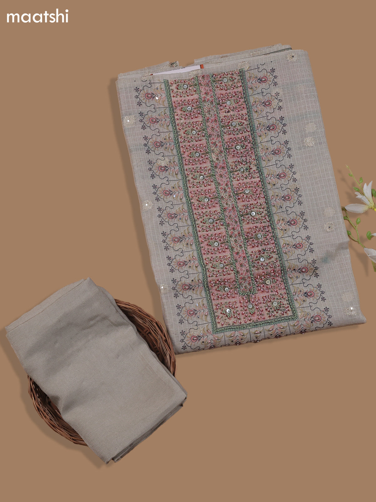 Beige Kota Dress Material With Floral Prints & Embroidery Work Neck Pattern