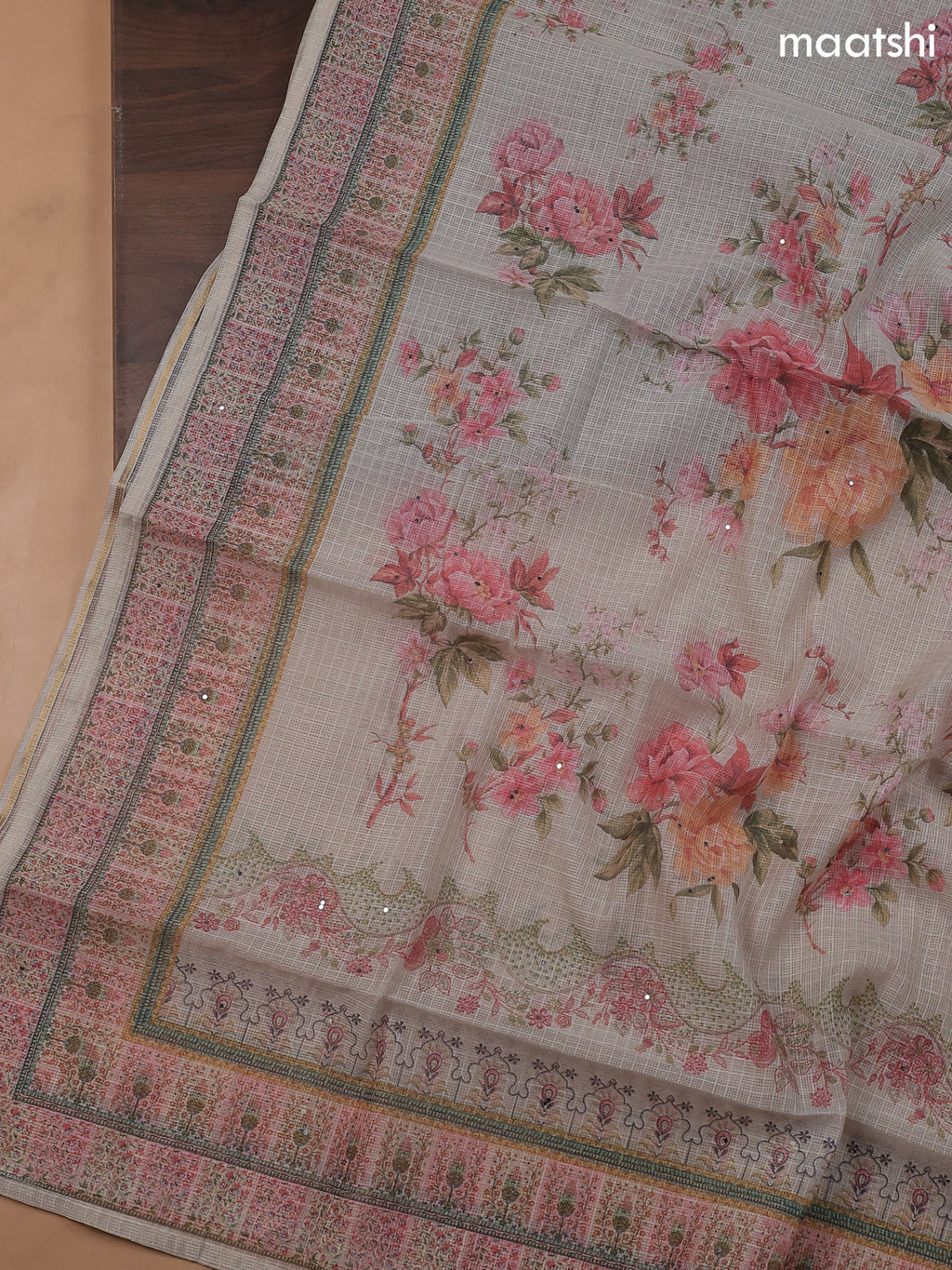 Beige Kota Dress Material With Floral Prints & Embroidery Work Neck Pattern