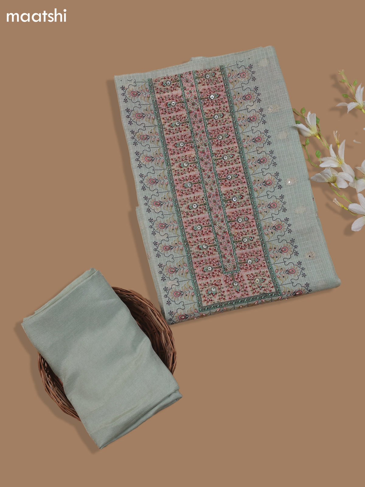 Pastel Green Kota Dress Material With Floral Prints & Embroidery Work Neck Pattern