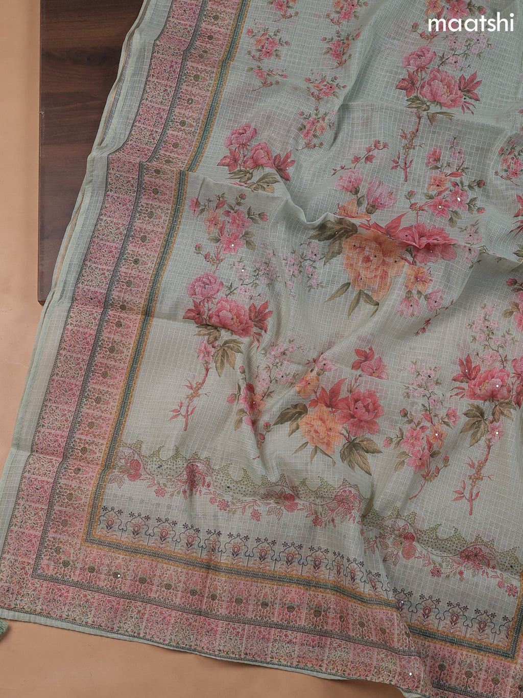 Pastel Green Kota Dress Material With Floral Prints & Embroidery Work Neck Pattern