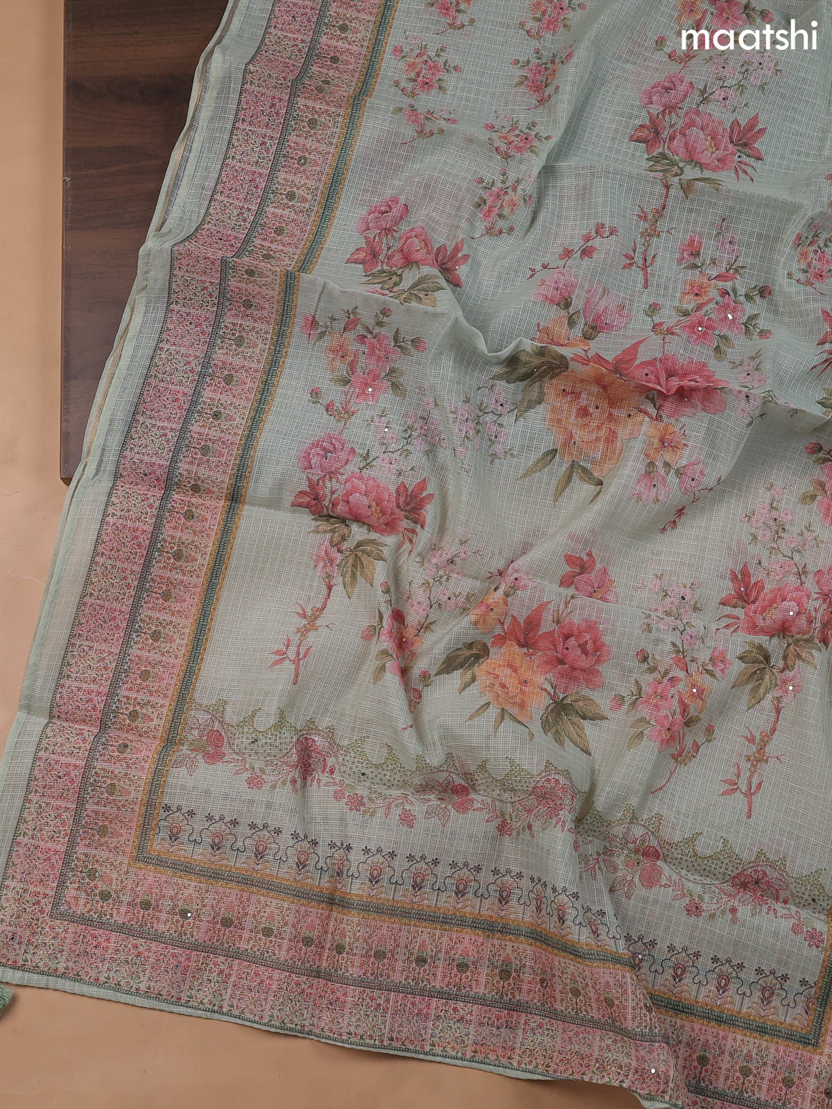 Pastel Green Kota Dress Material With Floral Prints & Embroidery Work Neck Pattern