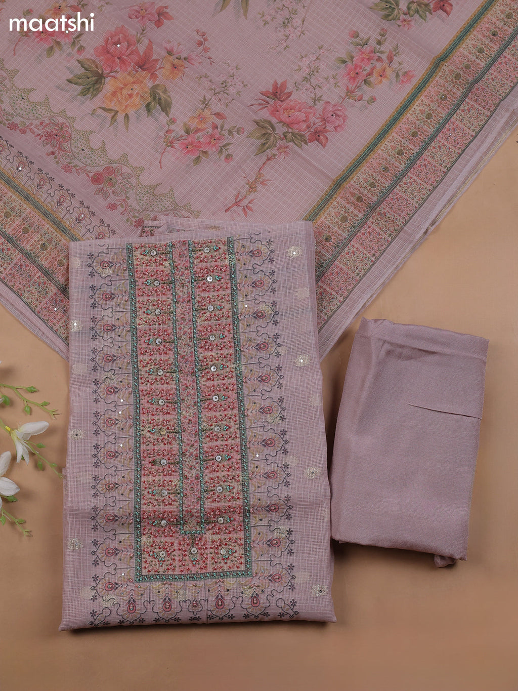 Mauve Pink Kota Dress Material With Floral Prints & Embroidery Work Neck Pattern