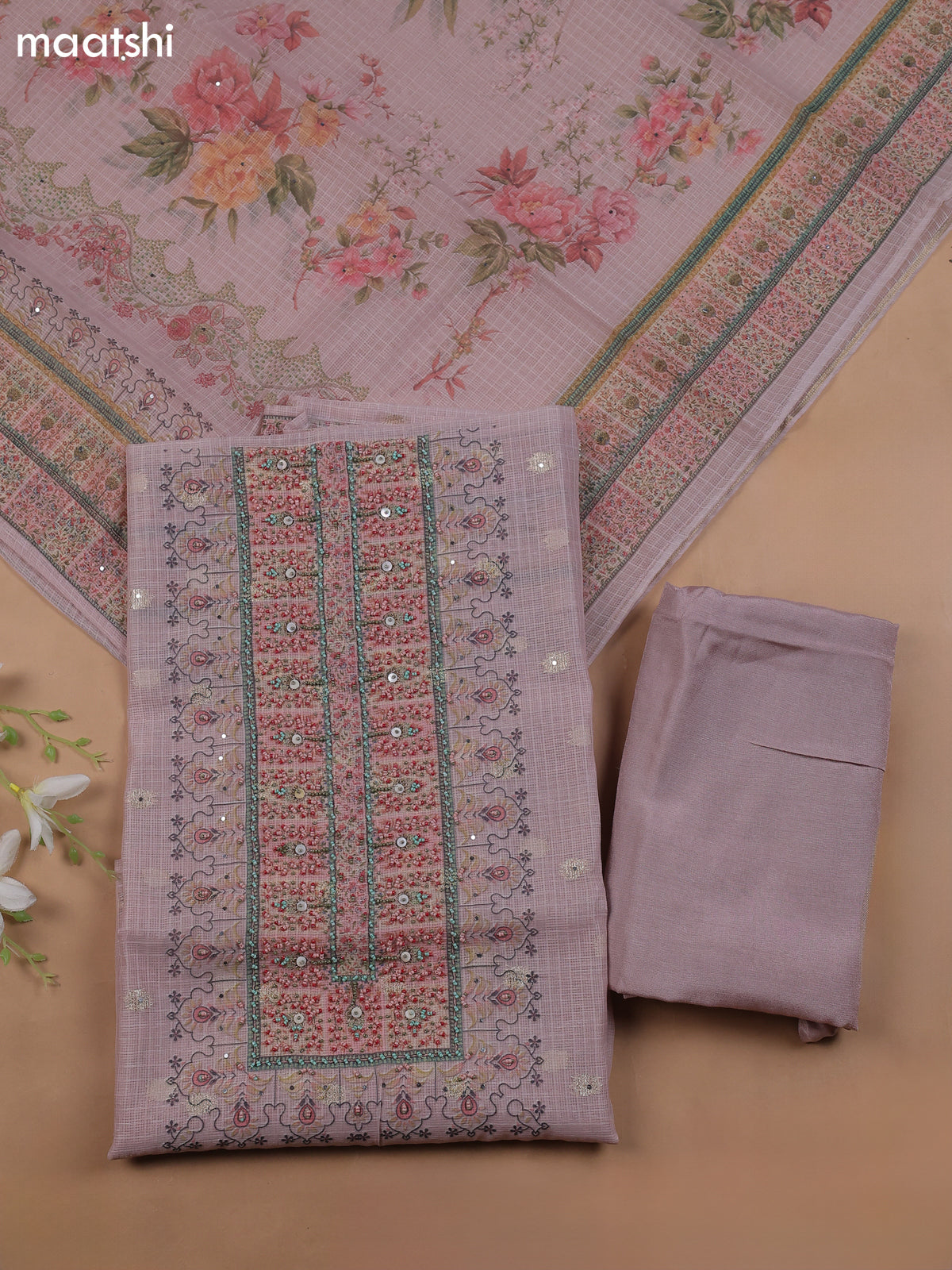 Mauve Pink Kota Dress Material With Floral Prints & Embroidery Work Neck Pattern