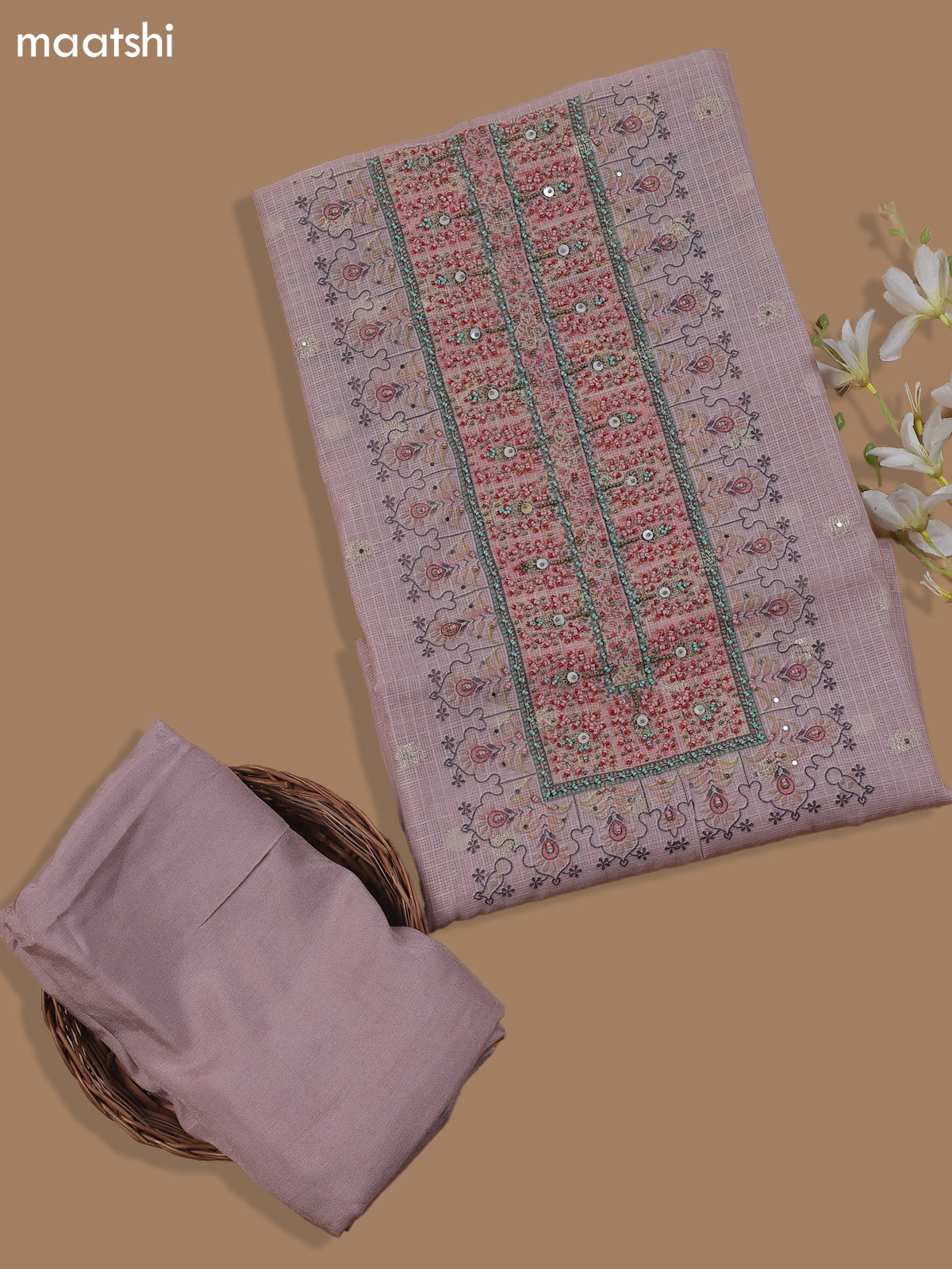 Mauve Pink Kota Dress Material With Floral Prints & Embroidery Work Neck Pattern