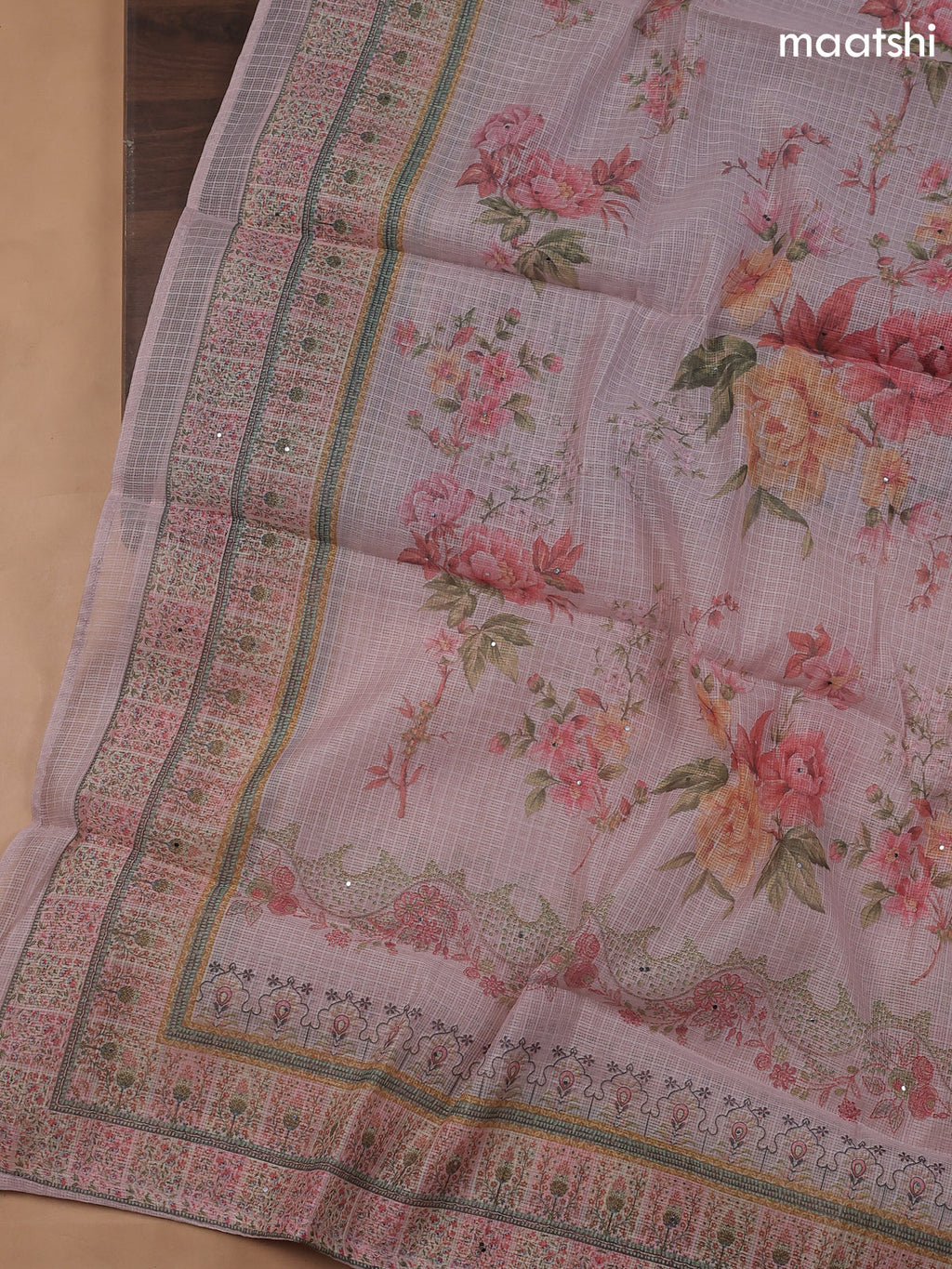 Mauve Pink Kota Dress Material With Floral Prints & Embroidery Work Neck Pattern