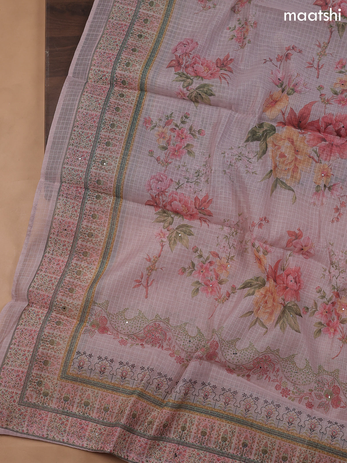 Mauve Pink Kota Dress Material With Floral Prints & Embroidery Work Neck Pattern