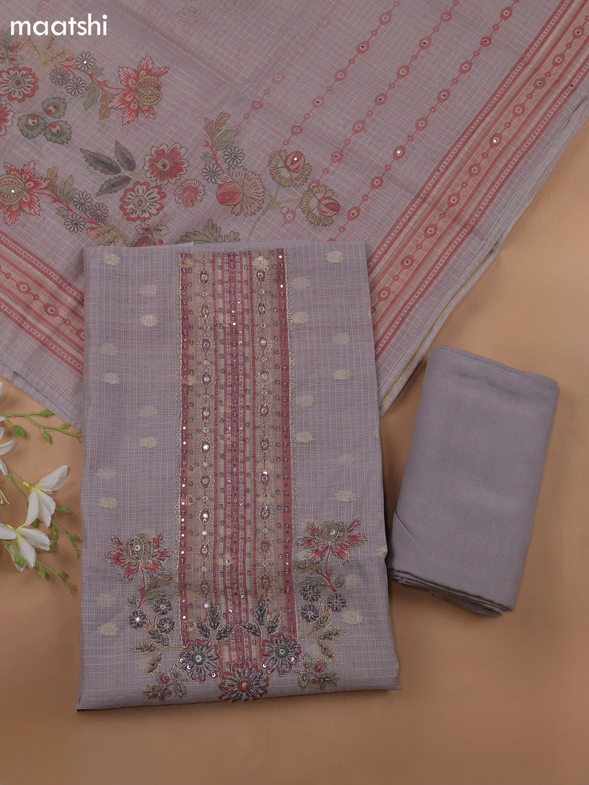 Pastel Brown Kota Dress Material With Floral Prints & Embroidery Work Neck Pattern