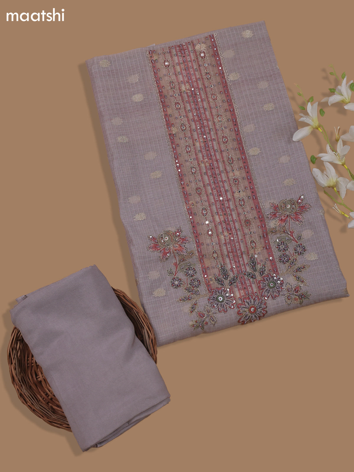 Pastel Brown Kota Dress Material With Floral Prints & Embroidery Work Neck Pattern