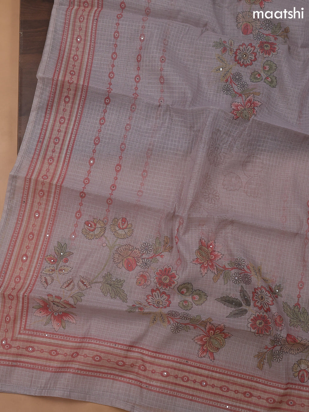 Pastel Brown Kota Dress Material With Floral Prints & Embroidery Work Neck Pattern