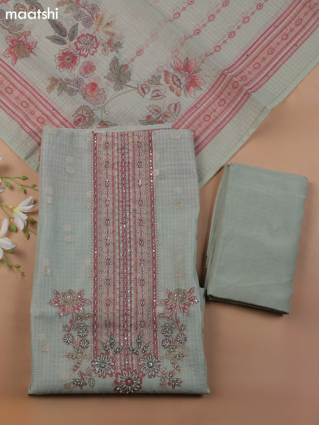 Pastel Green Kota Dress Material With Floral Prints & Embroidery Work Neck Pattern