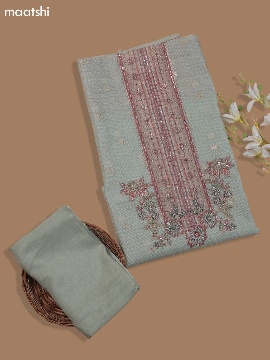 Pastel Green Kota Dress Material With Floral Prints & Embroidery Work Neck Pattern