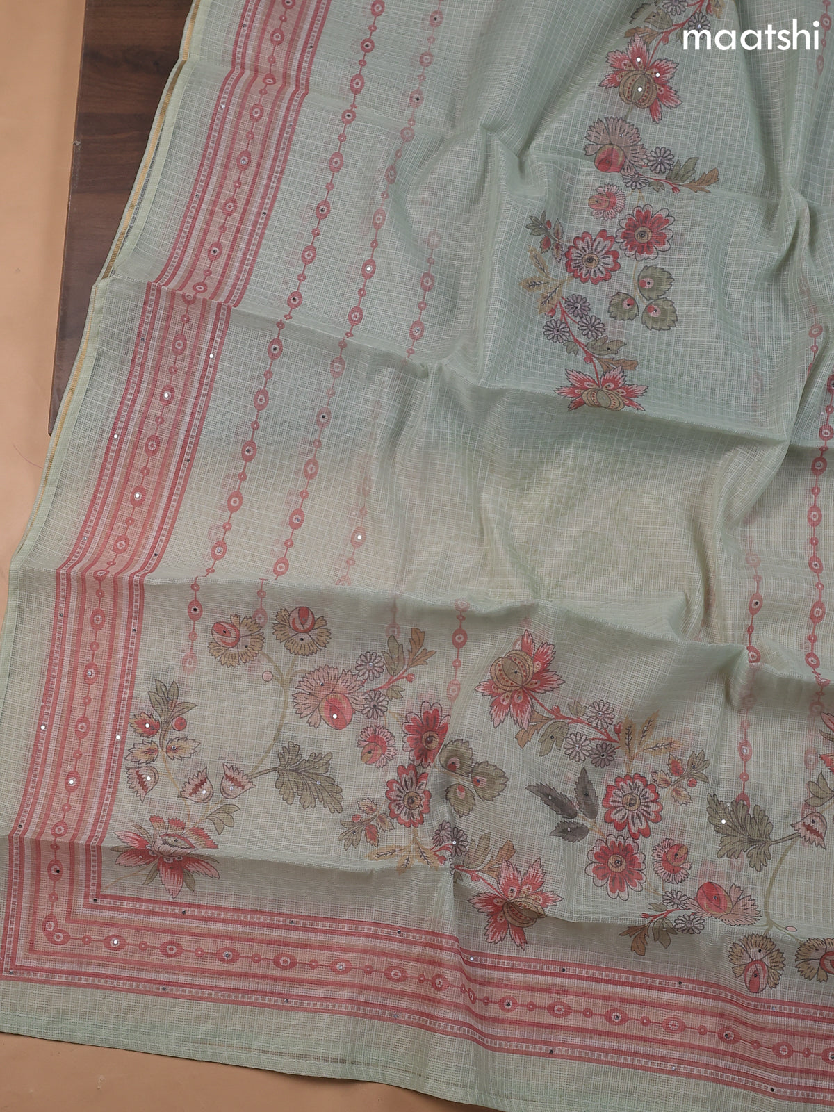 Pastel Green Kota Dress Material With Floral Prints & Embroidery Work Neck Pattern