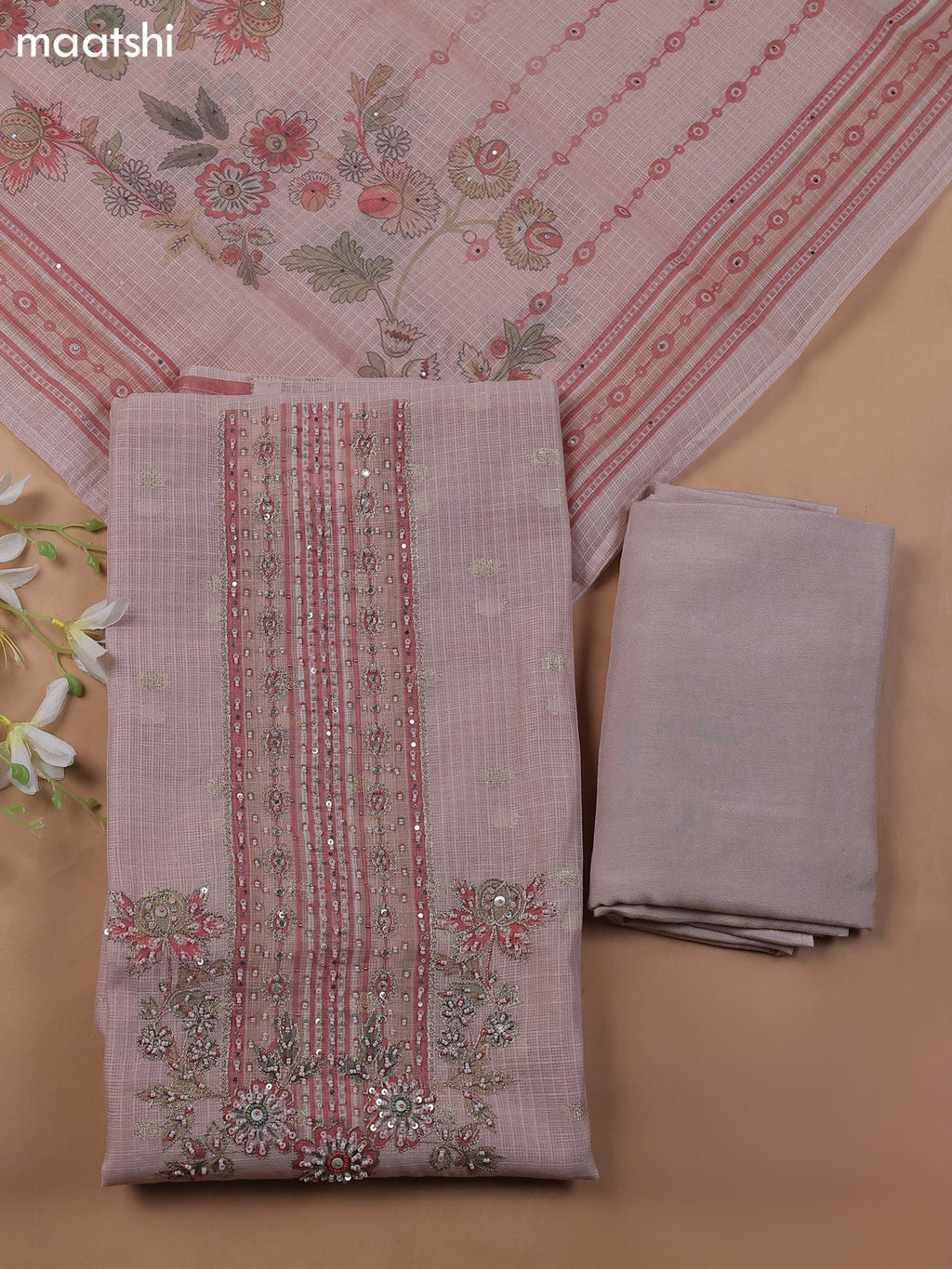 Peach Kota Dress Material With Floral Prints & Embroidery Work Neck Pattern