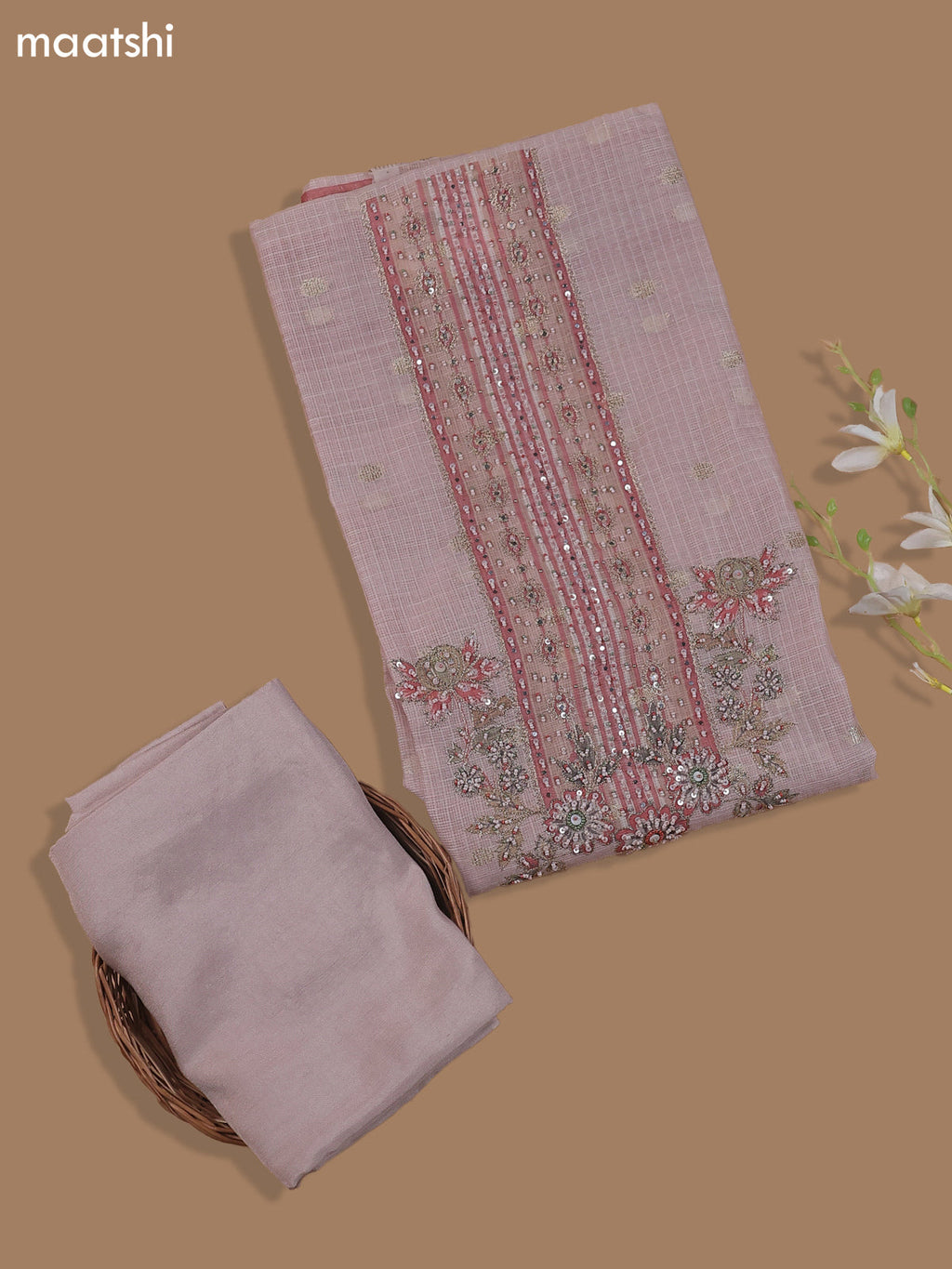 Peach Kota Dress Material With Floral Prints & Embroidery Work Neck Pattern