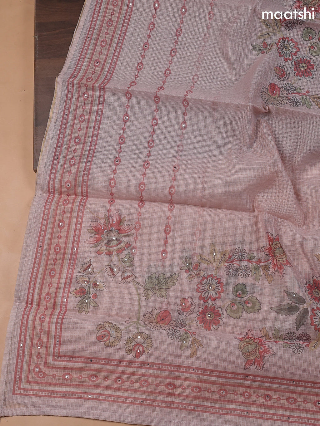 Peach Kota Dress Material With Floral Prints & Embroidery Work Neck Pattern