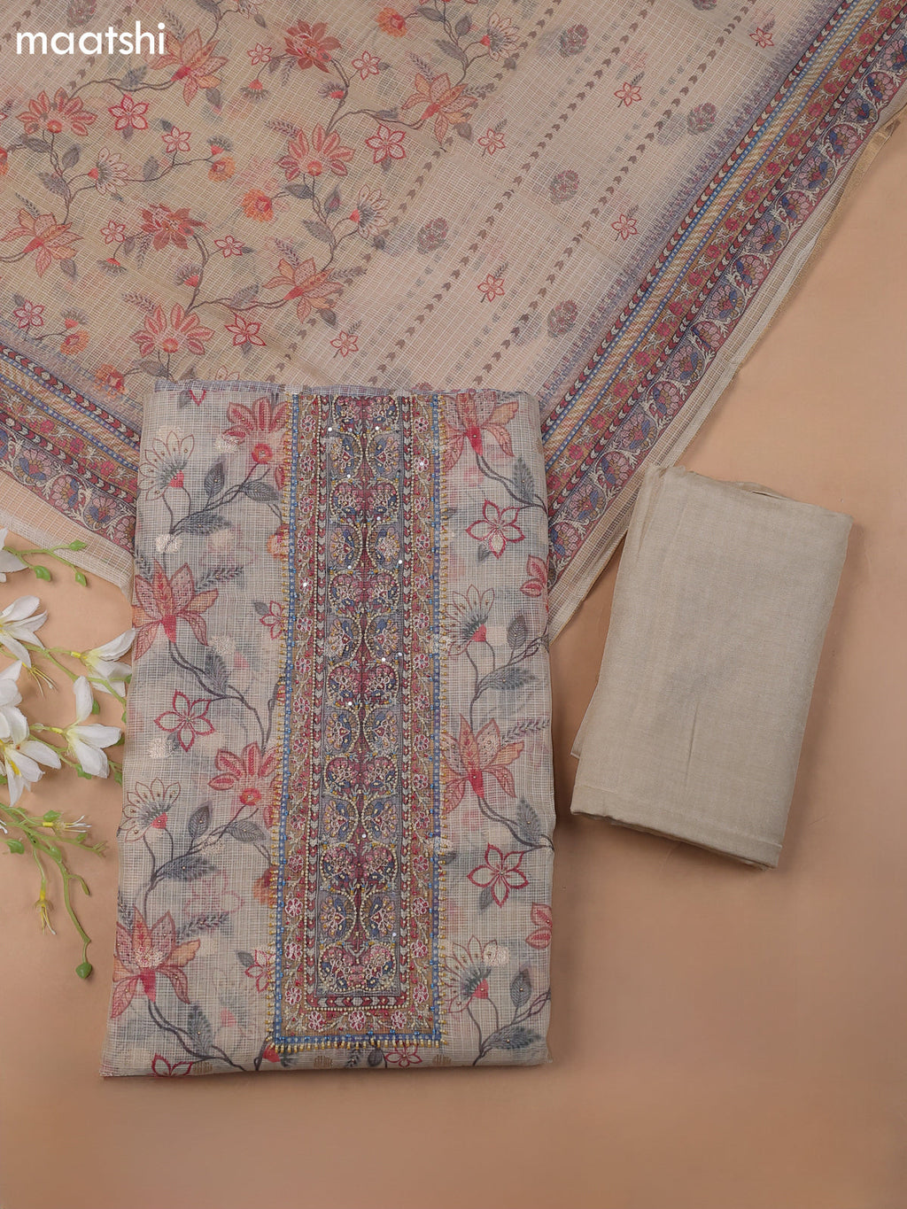 Sandal Kota Dress Material With Floral Prints & Embroidery Work Neck Pattern