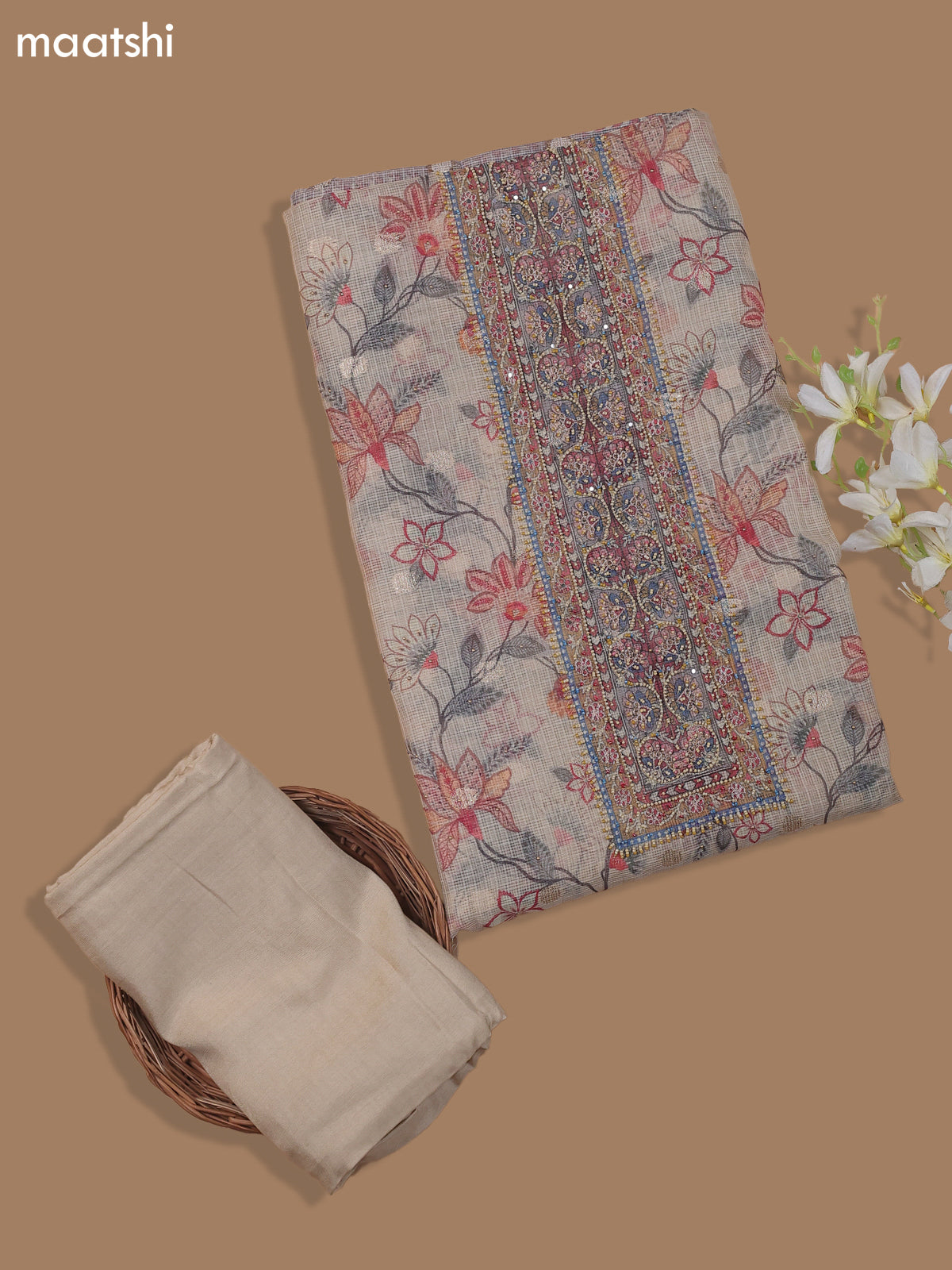 Sandal Kota Dress Material With Floral Prints & Embroidery Work Neck Pattern