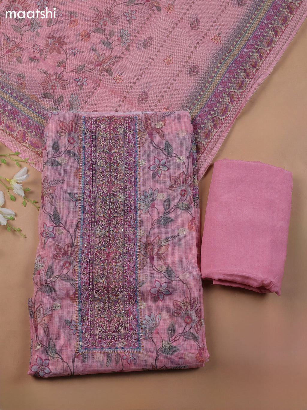 Pink Kota Dress Material With Floral Prints & Embroidery Work Neck Pattern