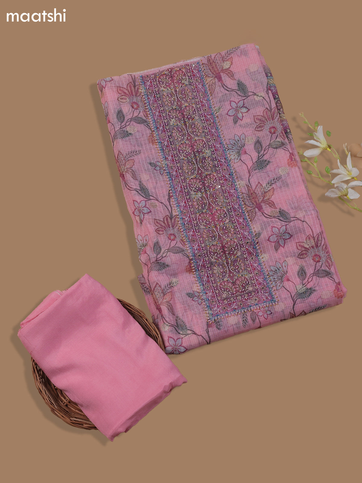 Pink Kota Dress Material With Floral Prints & Embroidery Work Neck Pattern
