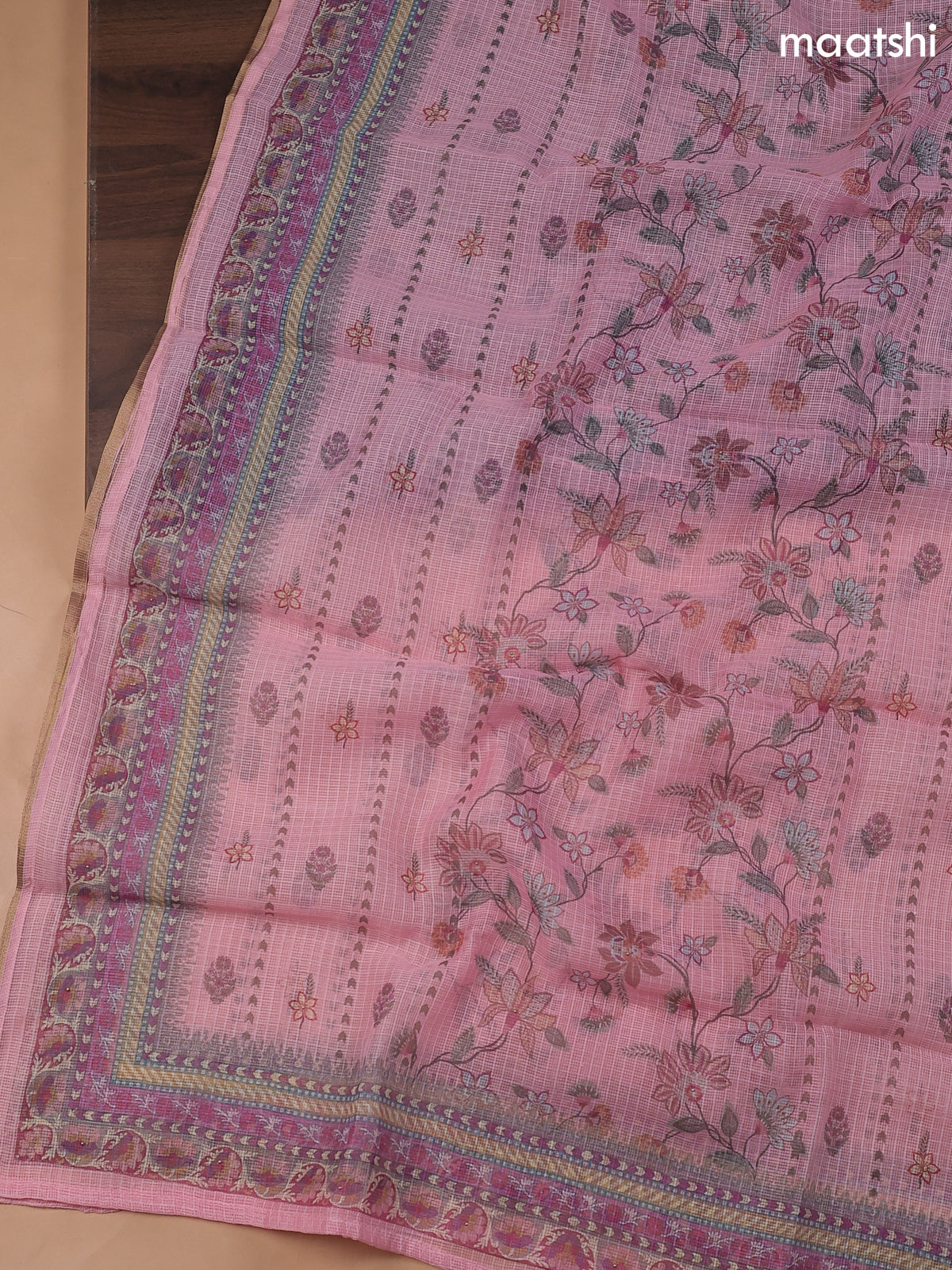 Pink Kota Dress Material With Floral Prints & Embroidery Work Neck Pattern