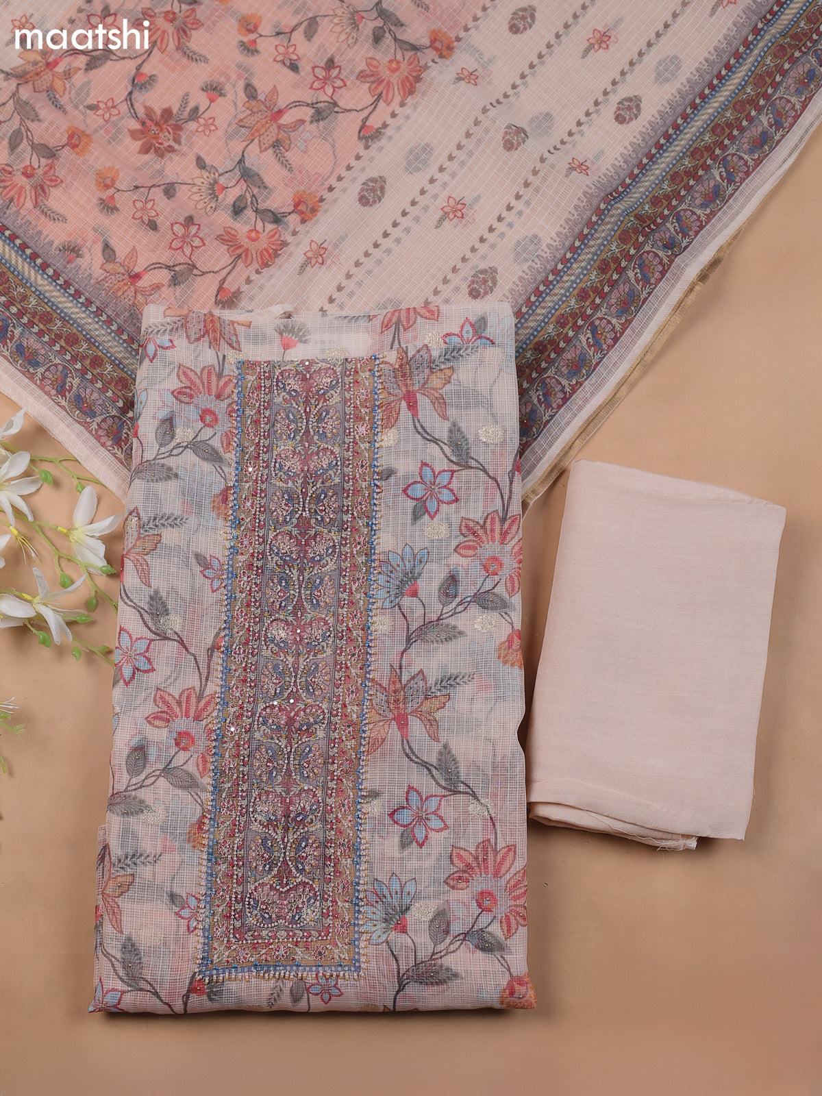 Cream Kota Dress Material With Floral Prints & Embroidery Work Neck Pattern