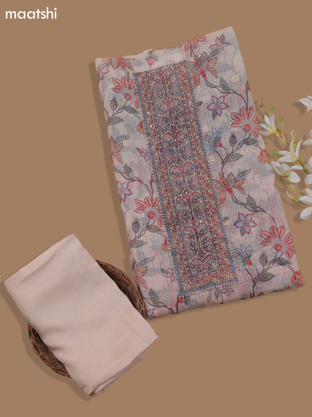 Cream Kota Dress Material With Floral Prints & Embroidery Work Neck Pattern