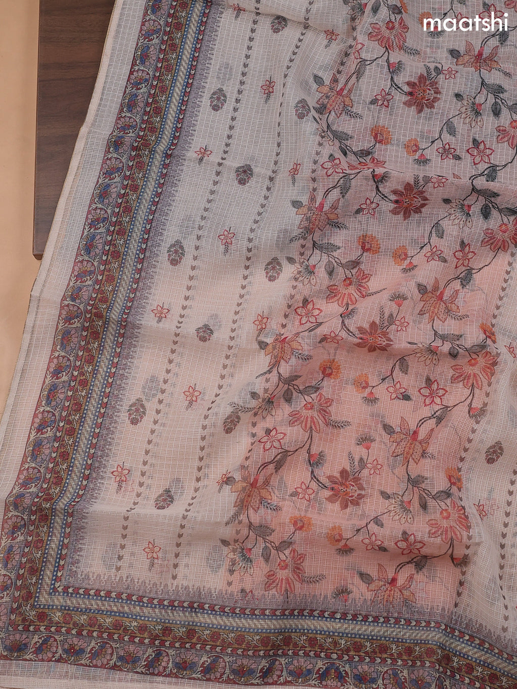 Cream Kota Dress Material With Floral Prints & Embroidery Work Neck Pattern
