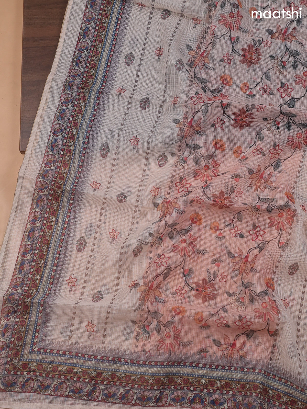 Cream Kota Dress Material With Floral Prints & Embroidery Work Neck Pattern