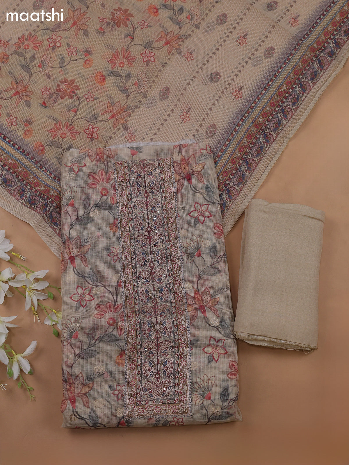 Sandal Kota Dress Material With Floral Prints & Embroidery Work Neck Pattern