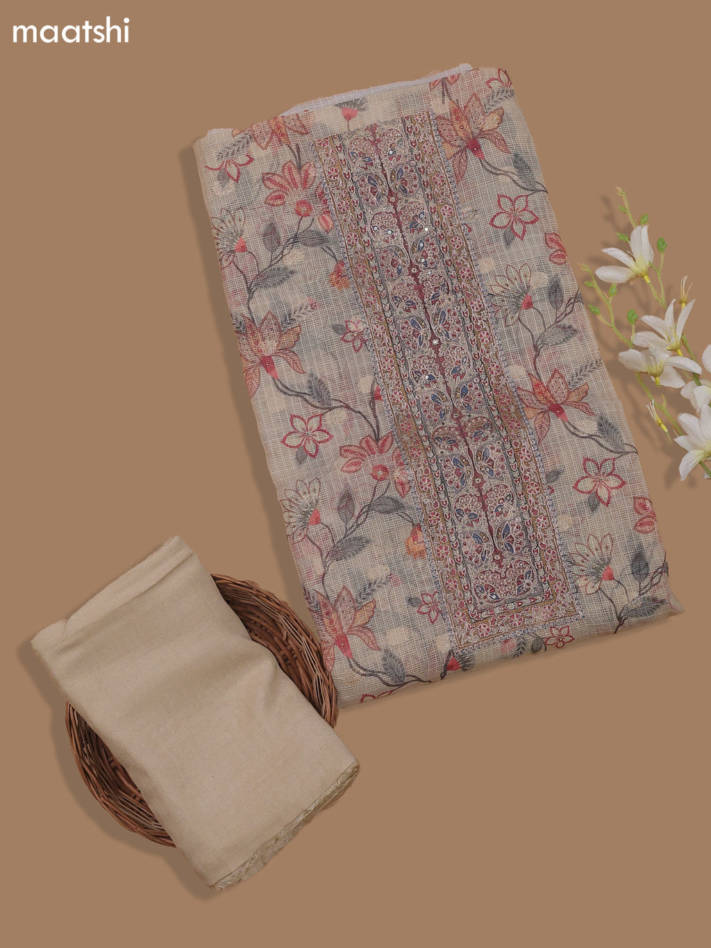 Sandal Kota Dress Material With Floral Prints & Embroidery Work Neck Pattern