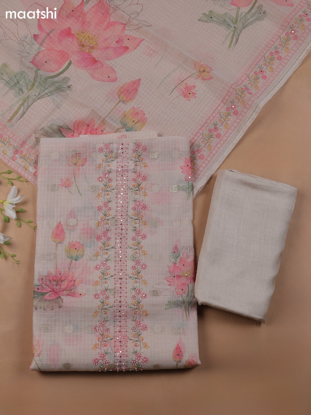 Sandal Kota Dress Material With Floral Prints & Embroidery Work Neck Pattern