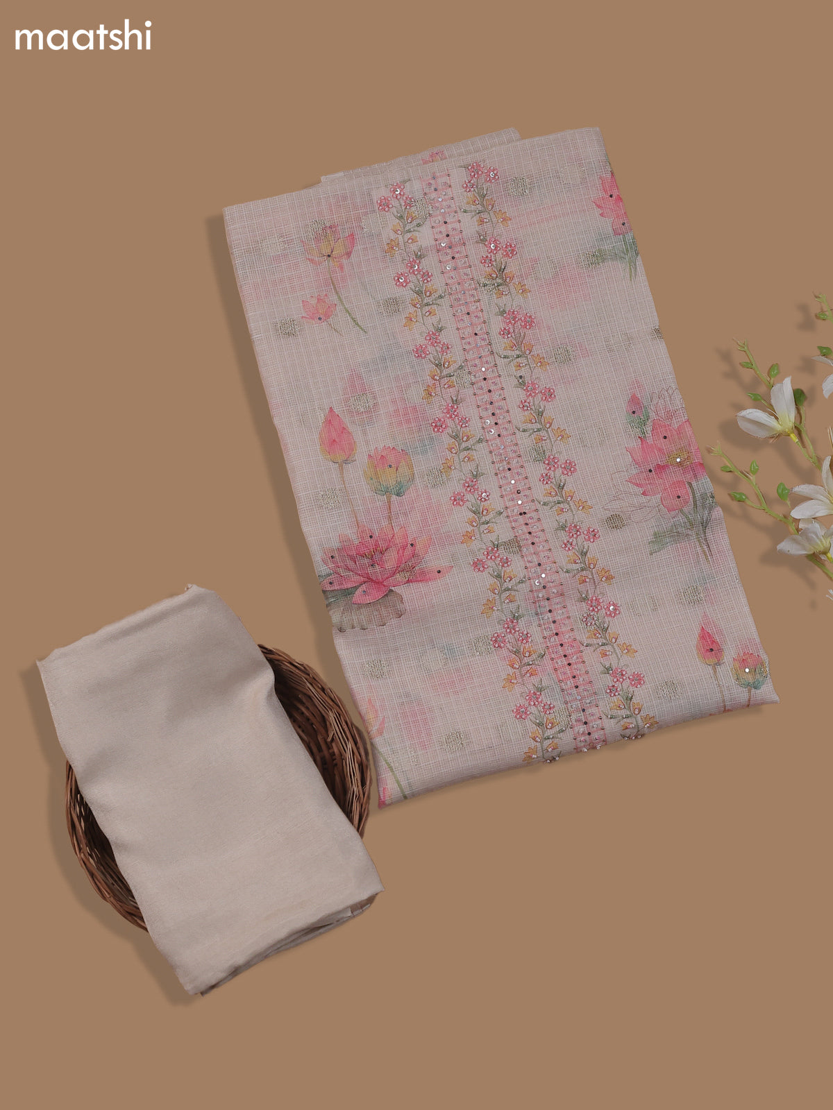 Sandal Kota Dress Material With Floral Prints & Embroidery Work Neck Pattern
