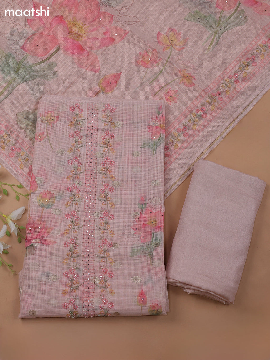Mild Peach Kota Dress Material With Floral Prints & Embroidery Work Neck Pattern