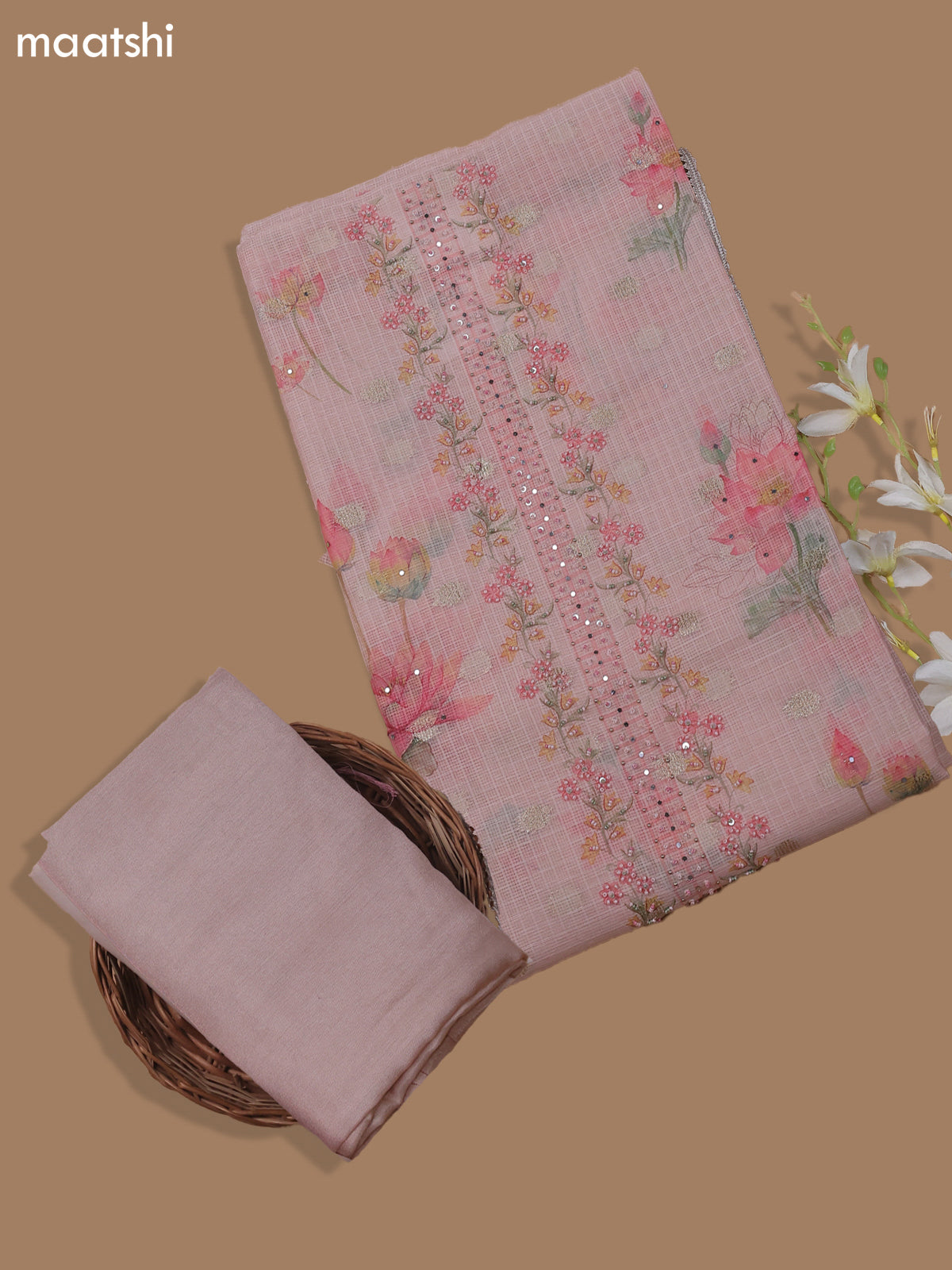 Mild Peach Kota Dress Material With Floral Prints & Embroidery Work Neck Pattern