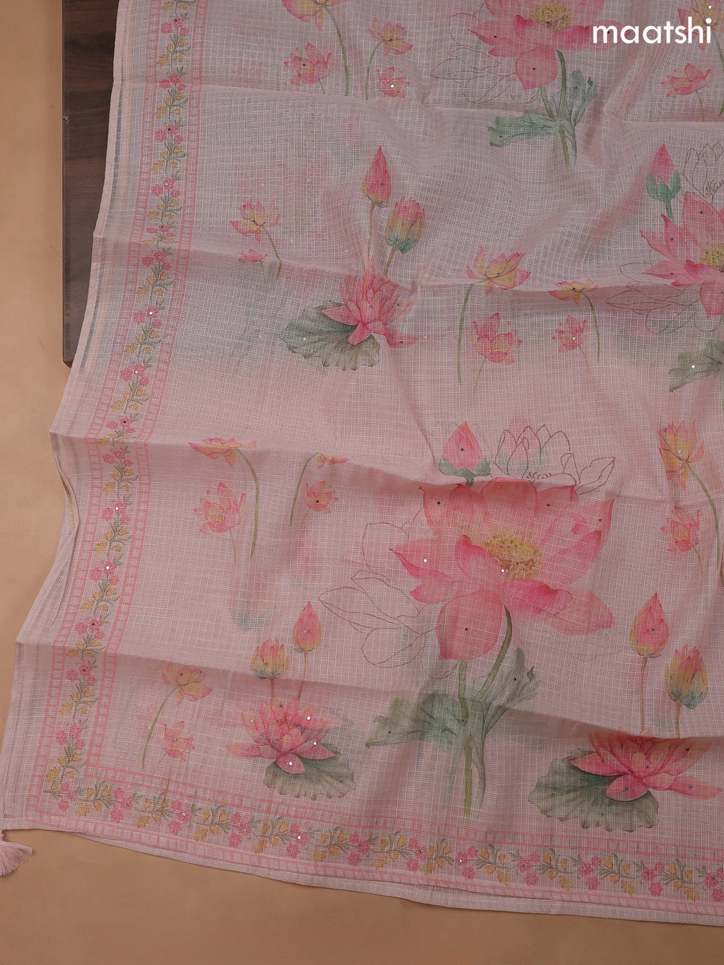 Mild Peach Kota Dress Material With Floral Prints & Embroidery Work Neck Pattern