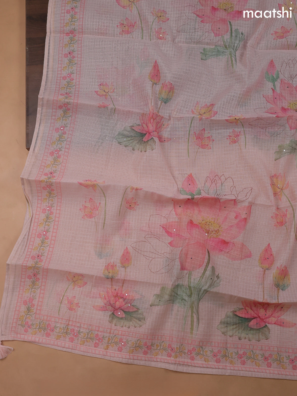 Mild Peach Kota Dress Material With Floral Prints & Embroidery Work Neck Pattern