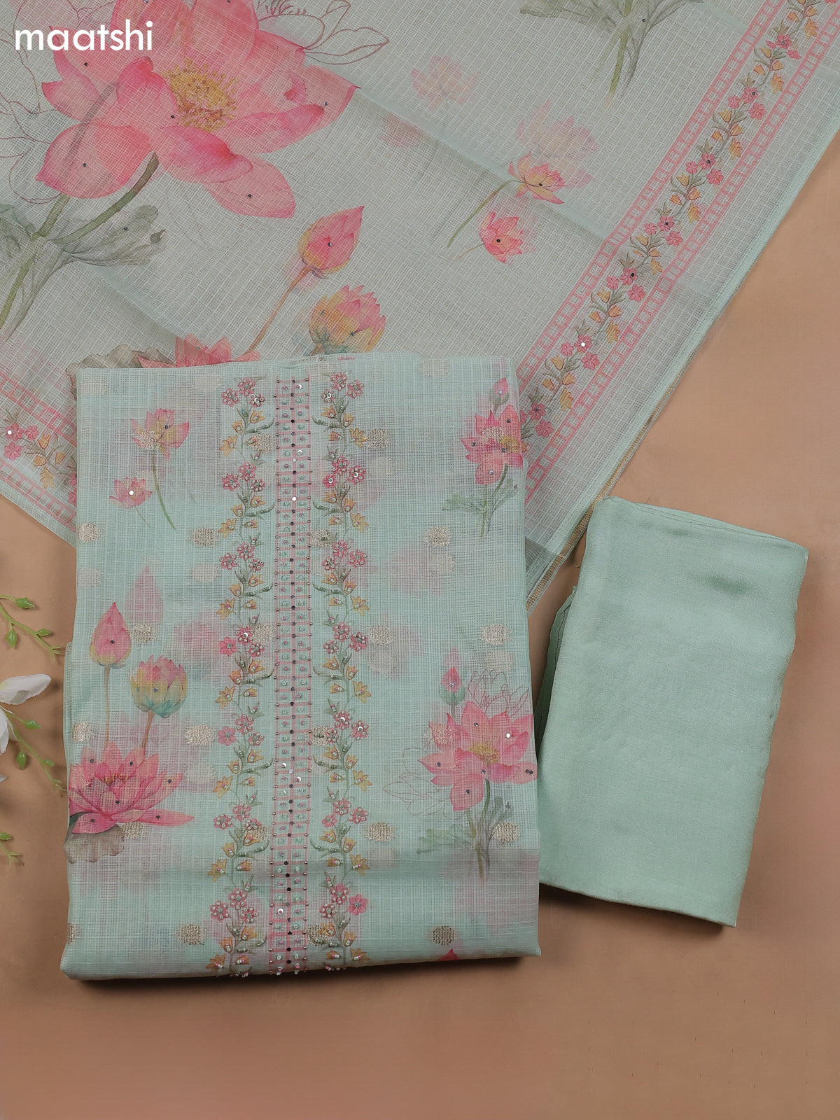 Pastel Green Kota Dress Material With Floral Prints & Embroidery Work Neck Pattern