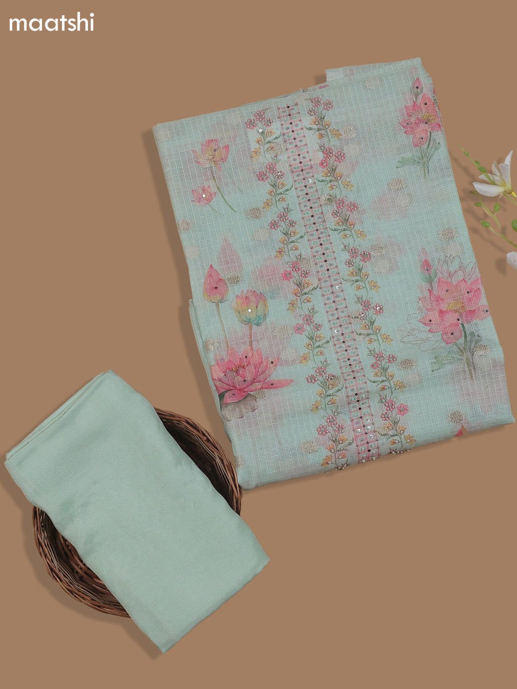 Pastel Green Kota Dress Material With Floral Prints & Embroidery Work Neck Pattern