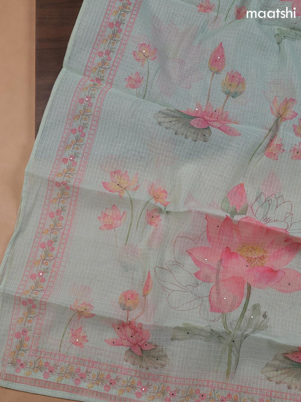 Pastel Green Kota Dress Material With Floral Prints & Embroidery Work Neck Pattern