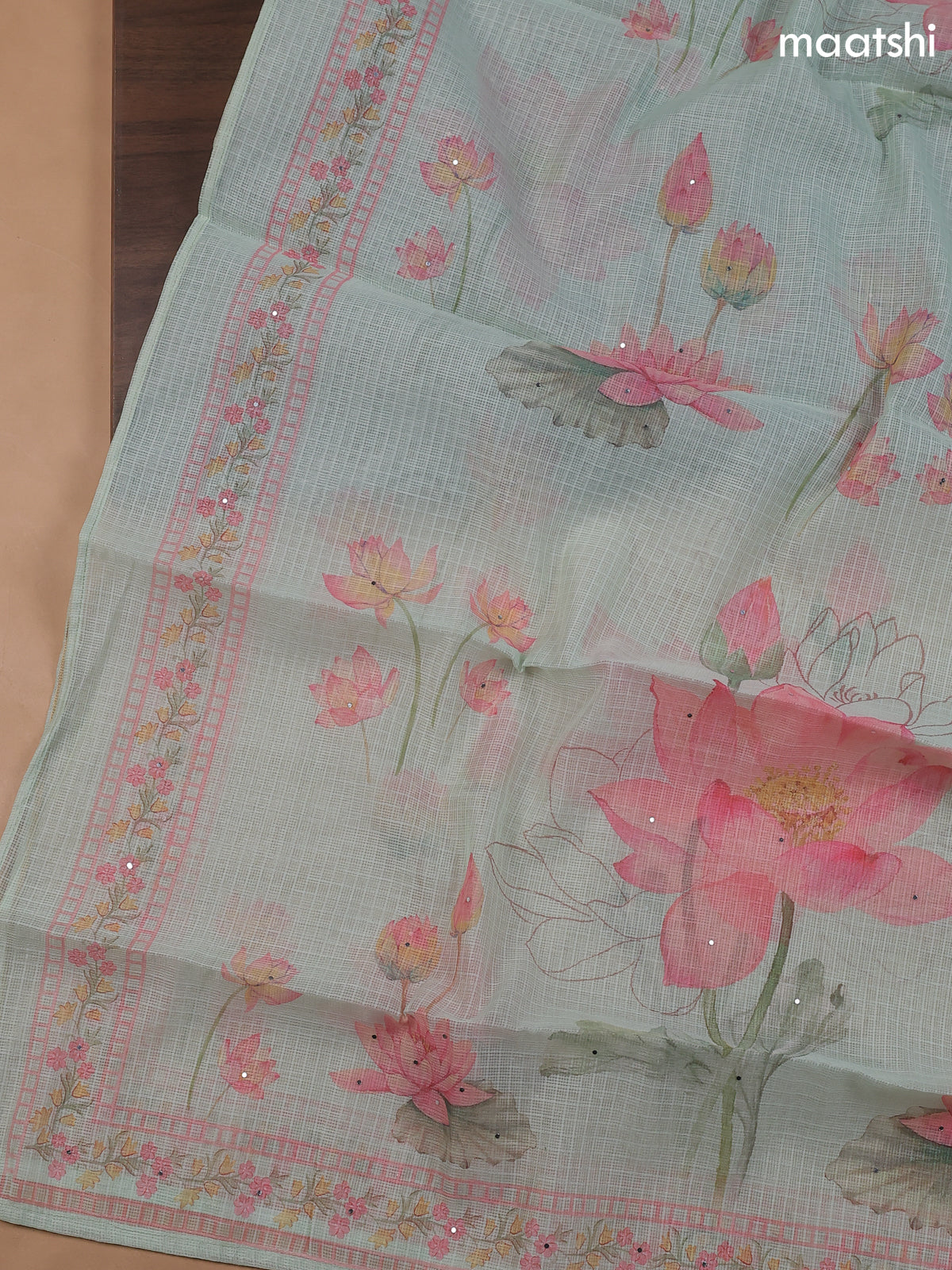 Pastel Green Kota Dress Material With Floral Prints & Embroidery Work Neck Pattern