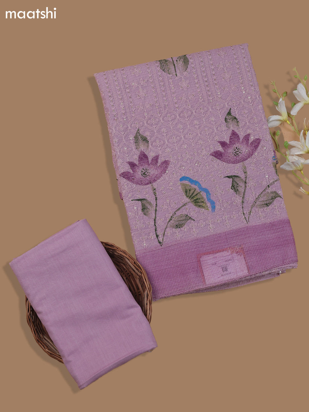 Lavender Kota Dress Material With Allover Sequin Work