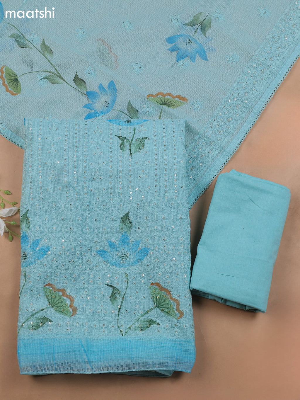 Light Blue Kota Dress Material With Allover Sequin Work