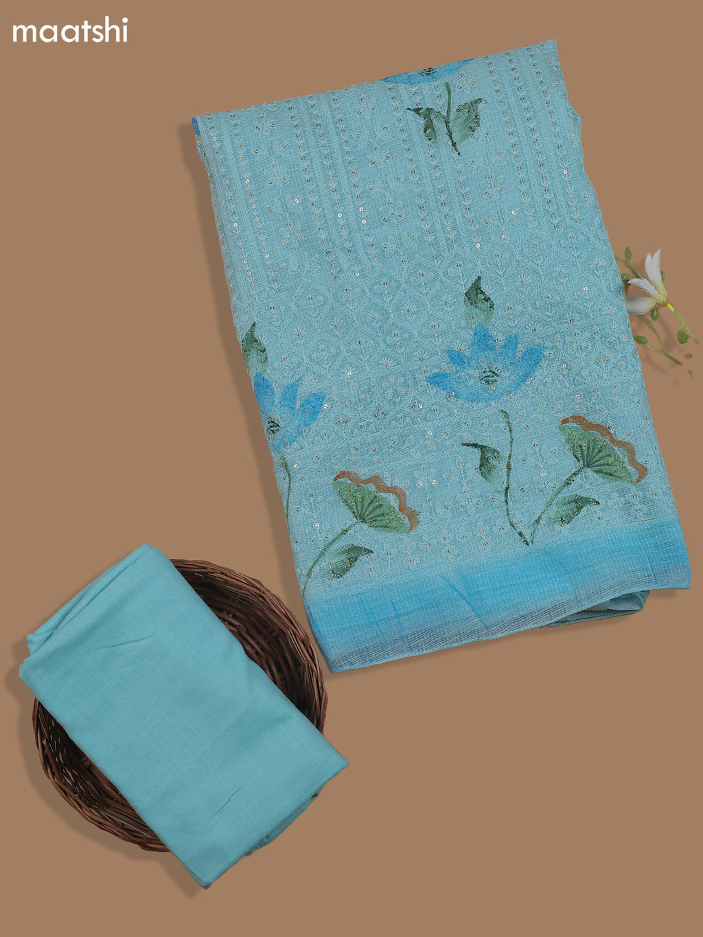 Light Blue Kota Dress Material With Allover Sequin Work
