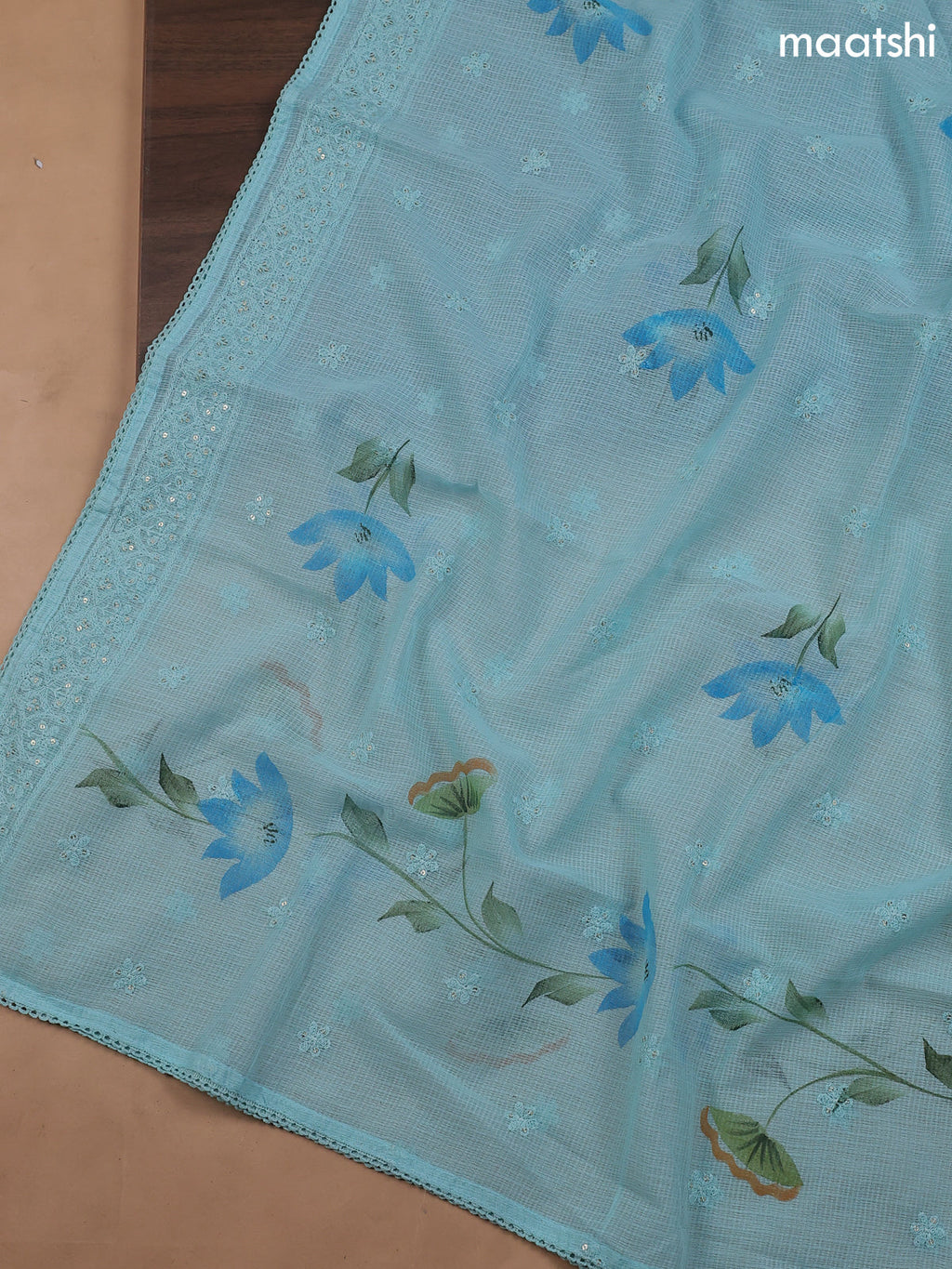 Light Blue Kota Dress Material With Allover Sequin Work