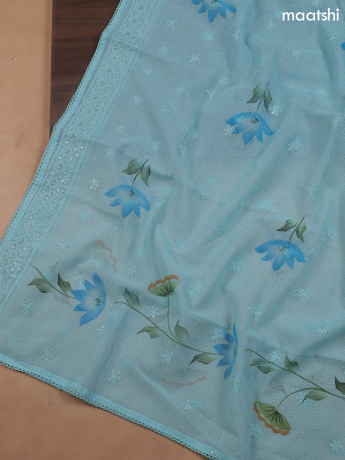 Light Blue Kota Dress Material With Allover Sequin Work