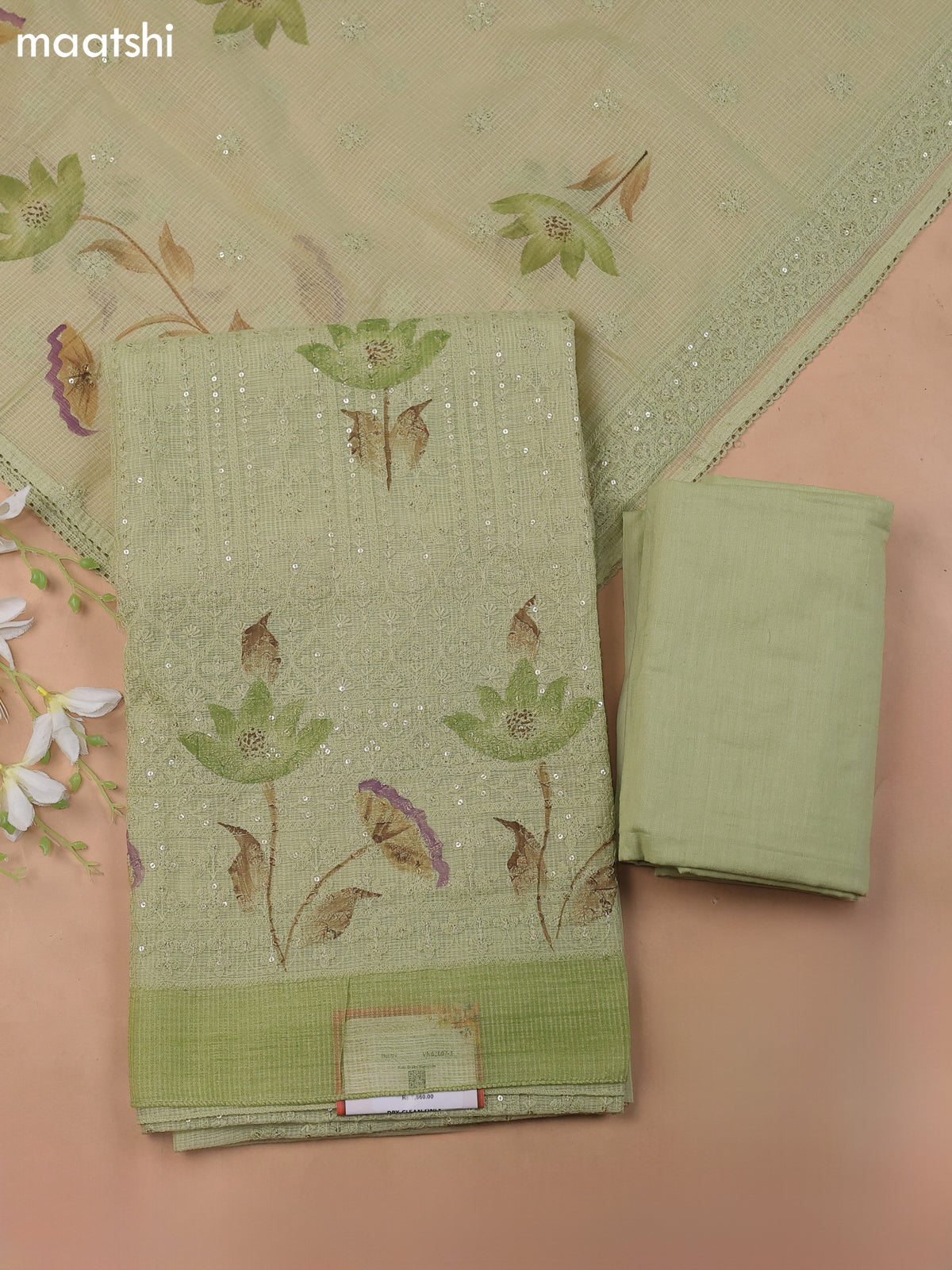 Pastel Green Kota Dress Material With Allover Sequin Work