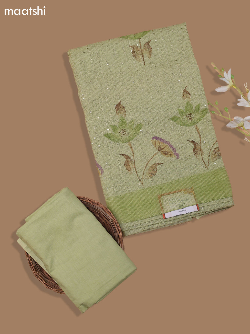 Pastel Green Kota Dress Material With Allover Sequin Work