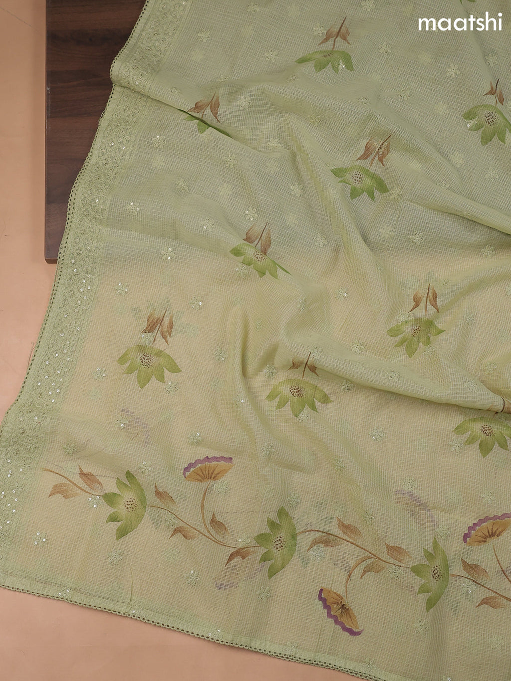 Pastel Green Kota Dress Material With Allover Sequin Work